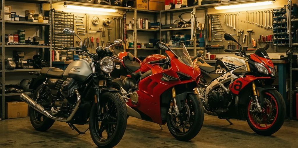 Moto Guzzi V7, Ducati Panigale und Aprilia vor Werkstattregalen