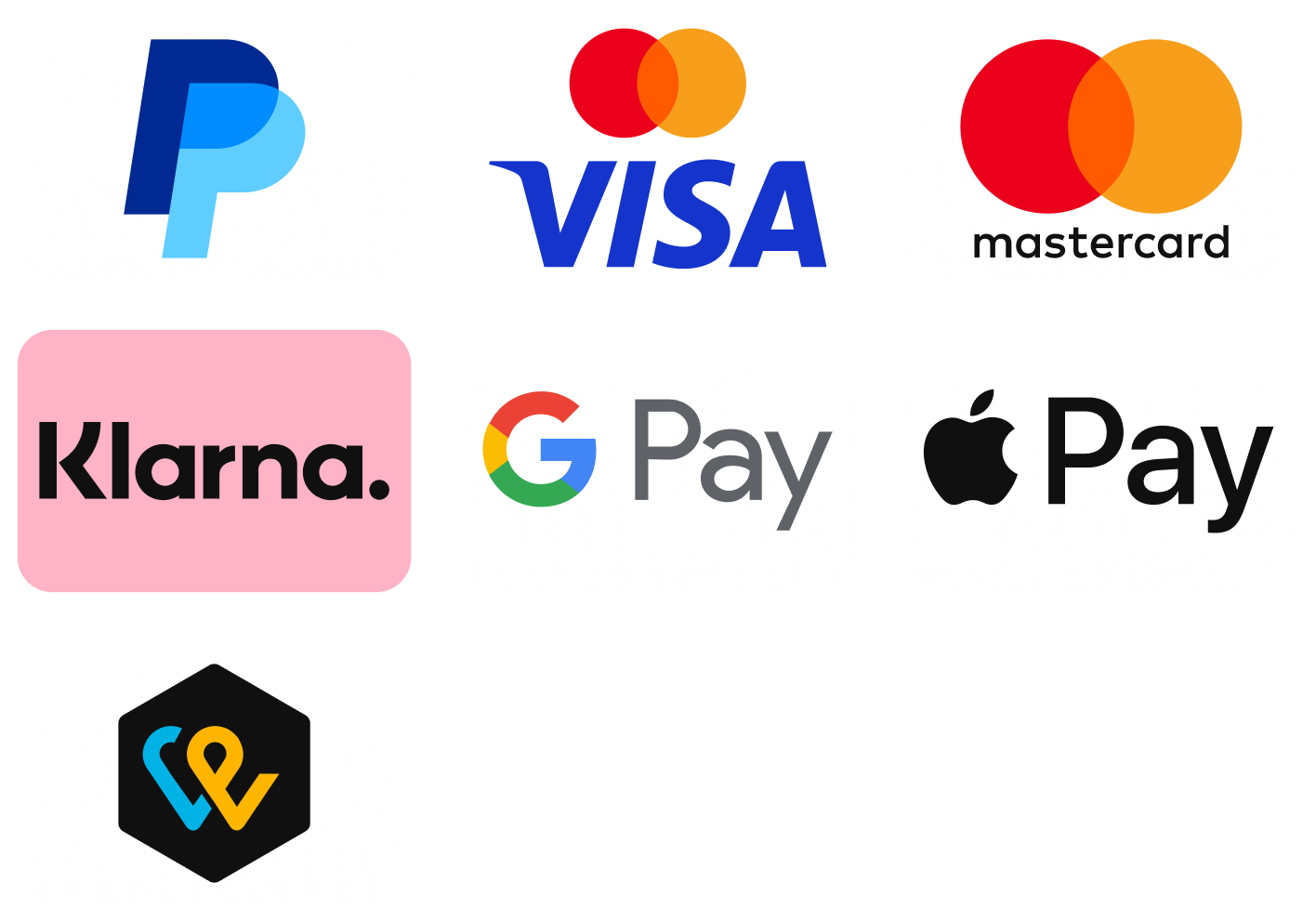 PayPal, Visa, Mastercard, Klarna, Google Pay, Apple Pay
