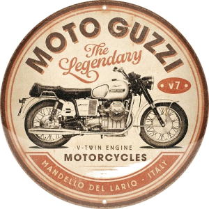 Insegna di latta Moto Guzzi «The Legendary V-Twin», rotonda, Ø 35 cm