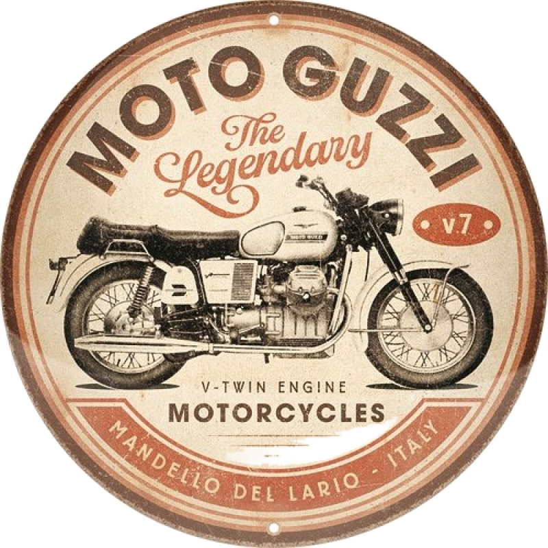 Insegna di latta Moto Guzzi «The Legendary V-Twin», rotonda, Ø 35 cm