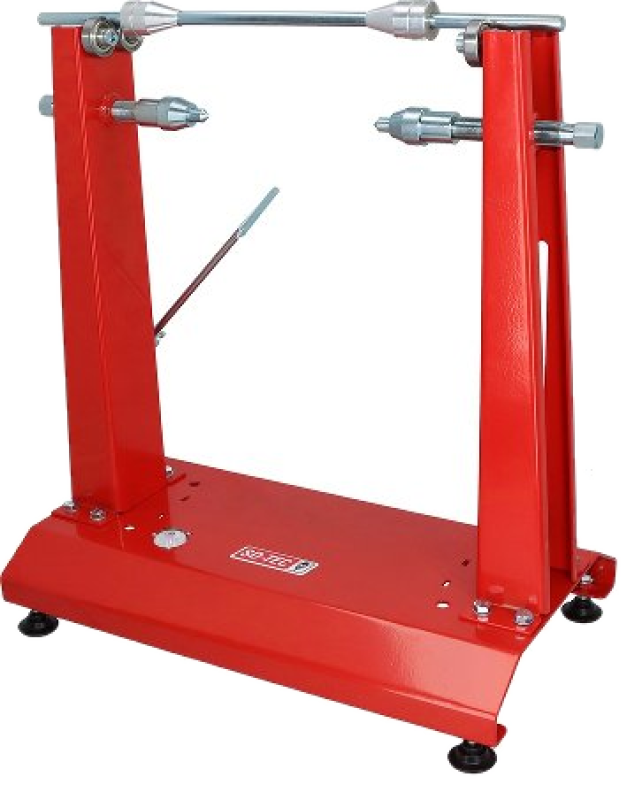 Roter SD-TEC Auswuchtbock mit kugelgelagerter Achse und Zentrierhilfe